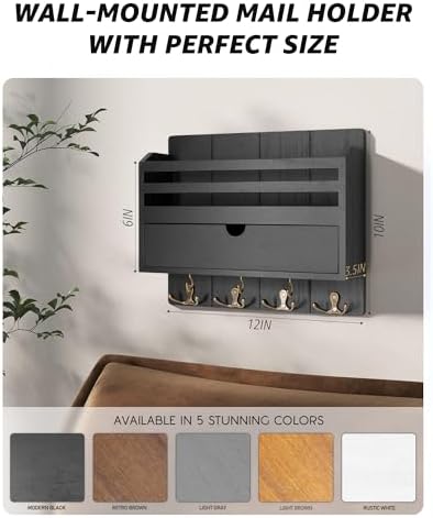 Rebee Vision Mail Organizer Wall Mount with 7 Key Hooks for Entryway, Black - Image 5