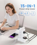 Power Strip Tower with Surge Protector 1800J, Fast Charging Tower PD20W USB-C Ports with 12 AC Outlets, Extension Cord for Home Office Dorm Room, 6ft, White - Image 3