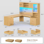SEDETA 67" x 65" L Shaped Desk with Hutch, RGB LED Corner Computer Desk with Power Outlets, Fluted Home Office Desk with File Drawer, Storage Cabinet & Glass Display Cabinet for Gaming & Working, Oak - Image 2