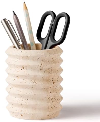 Pen Holder Stand for Desk, Natural Travertine Stone Makeup Brush Holders, Modern and Functional Pencil Cup for Office Supplies Tableware Organizer for Home Decor School Beige (PH90110) by WORHE