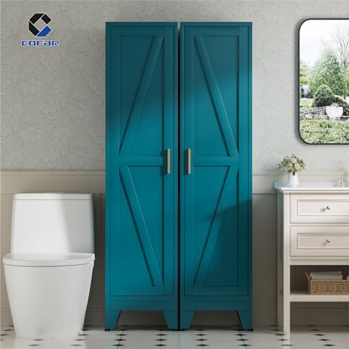 COFaR 67'' Tall Narrow Bathroom Storage Cabinet, Metal Farmhouse Skinny Pantry Cabinet with 4 Adjustable Shelves and One Door, Slim Cabinet Storage for Kitchen Laundry, 5-Tier Peacock Blue - Image 2