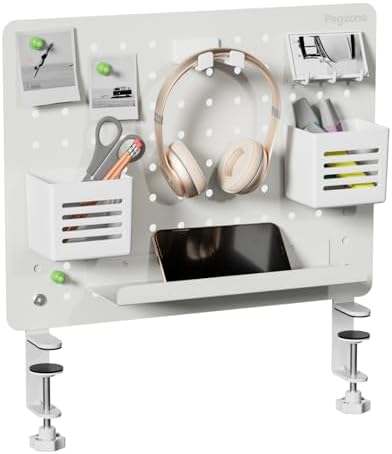 PEGZONE Clamp on Desk Pegboard, 16.5" x 12.6", with 10 Accessories, White by Pegzone