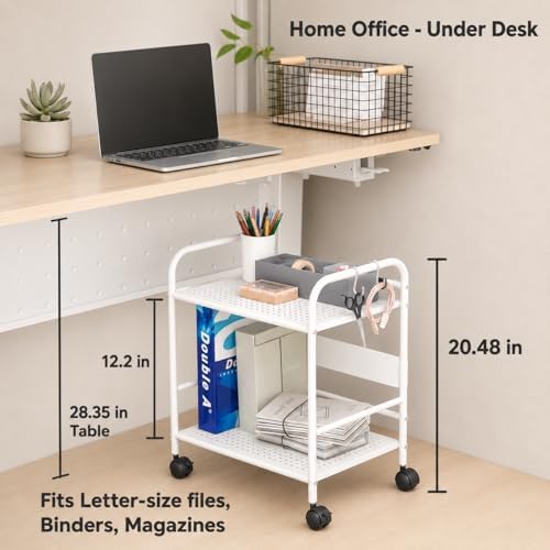 2-Tier Metal Rolling Cart, Compact Under Desk Storage Organizer - Image 3
