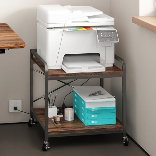 Under Desk Printer Stand with Power Outlet, Adjustable Shelf,Rustic Brown - Image 2