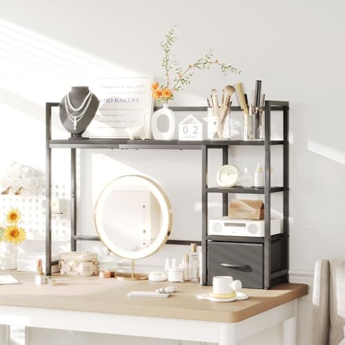 Desk Shelf with Drawer, 41.3" Desktop Organizer Shelf, Desk Hutch for Computer Monitor Max 32", 3 Tier Desktop Display Rack, Wooden Desk Top Bookshelf Storage Rack for Home Office Dorm, Black - Image 4