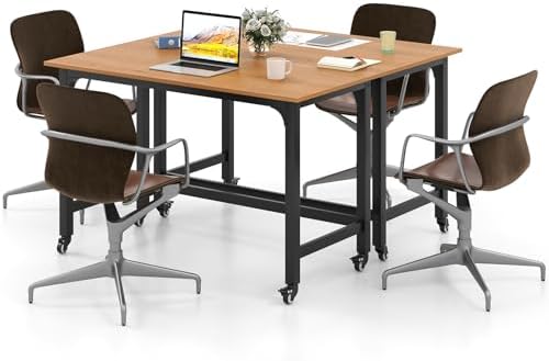 GIANTEX 4FT Conference Table, 2 PCS 48" Rectangular Mobile Meeting Room Desk w/Removable Storage Bag & 2 Hanging Hooks, Rolling Modern Seminar Boardroom Table for Office Conference Room, Natural - Image 3