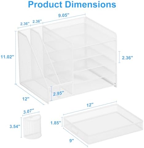 Lavatino Desk Organizer with File Holder, 5-Tier Paper Letter Tray Organizer with Sliding Drawer and 2 Pen Holder, Mesh Desktop File Organizer for Office Supplies, White - Image 5