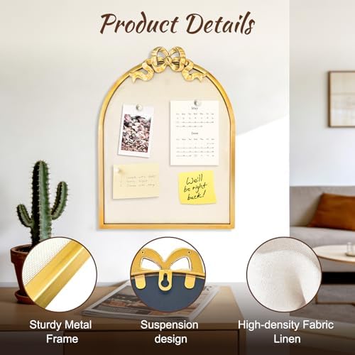 Vintage Arched Linen Cork Board with Gold Bow, 16"x21" Pin Board for Wall - Image 3
