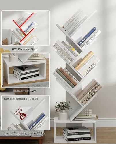 XBurmo 6 Tier Tree Bookshelf - Small Bookcase, Compact Book Tower with Drawer, Corner Bookshelf for Bedroom, Living Room and Home Office Storage, White - Image 5