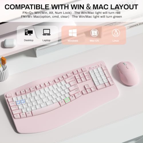 Wireless Keyboard and Mouse Combo,2.4G Ergonomic Wave Keys(Pink & White-B) - Image 5