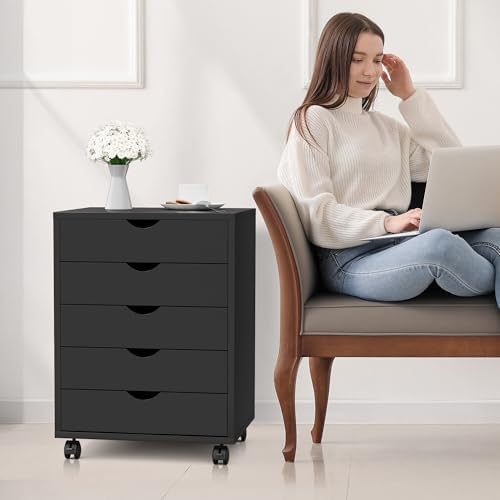 5-Drawer Chest, Office Storage Dresser File Cabinet with Wheels, Mobile Dresser for Home Office, Black - Image 2