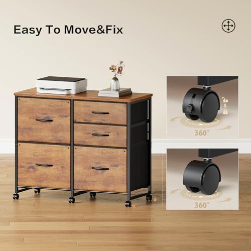 YeTom Lateral File Cabinet with 5 Drawers Rolling Filing Cabinets Under Desk Storage Printer Stand with Wheels,Mobile File Cabinet for Home Office,Rustic Brown - Image 7