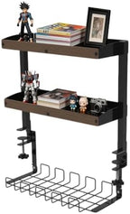 Clamp on Desk Shelf,17'' 2 Tier Office Desk Shelves Organizer with Under-Desk Hidden Storage Basket,Wood Desktop Supplies Storage Rack for Home Workspace, Study Rooms,Gaming Devices (Black) by Unknown