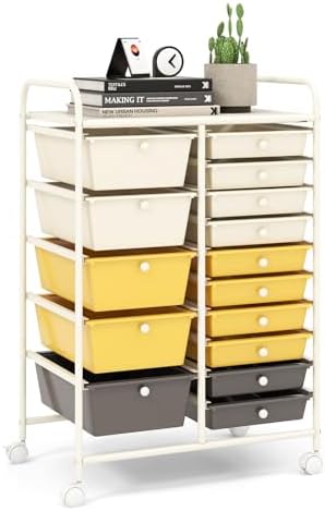 LDAILY 15 Drawer Rolling Storage Cart, Rolling Cart with Drawers for Classroom, Art Supply Craft Organizer on Wheel with Metal Frame & Handles for Home Office School by LDAILY