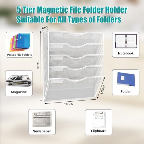 5-Tier Magnetic File Organizer, No Drilling Installation, White Magnetic Paper Holder, Magazine Rack for Refrigerator and File Cabinets - Image 3