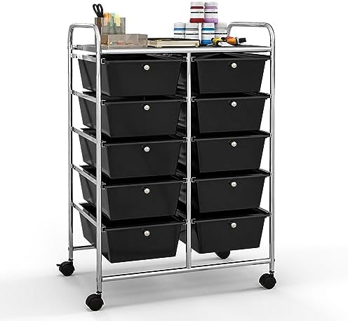 Giantex 10 Drawers Rolling Cart, Classroom Organizers, Storage Cart with Wheels, for Teacher Office Home School Supplies Tool Craft Art Paper, Black by Giantex
