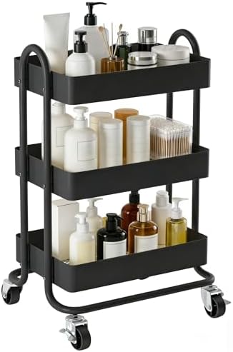 3 Tier Metal Rolling Cart, Utility Storage Cart Shelf Organizer with Wheels for Home & Office, Black by SimpleLivingBetterHoming