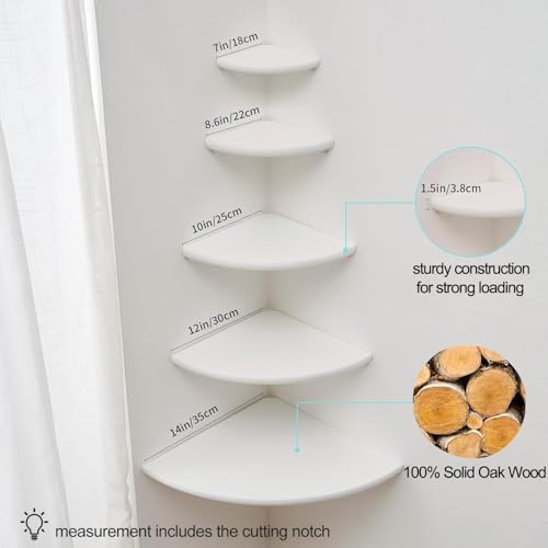 Corner Shelf, White Solid Oak Wood Floating Corner Shelves Wall Mount Round End Floating Speaker Rack Display Shelf for Small Plant Photo Frame (White, 12in) - Image 6