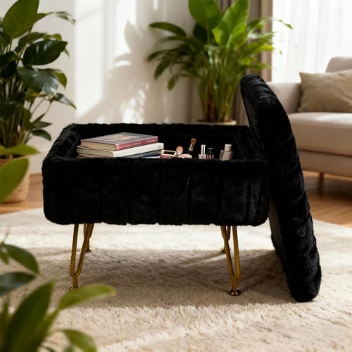 Small Foot Stool with Storage & Gold Metal Legs, Small Ottoman Foot Rest Under Desk for Couch, Chair, Black Furry with High-Density Resilient Sponge - Image 4