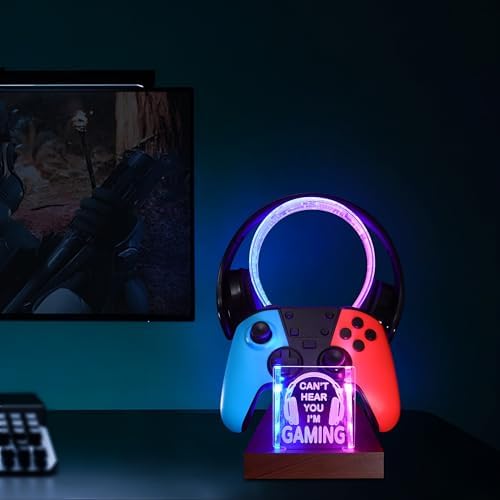 YuanDian Gamer Gifts for Teenage Boy, Can't Hear You I'm Gaming Headset and Controller Stand, Acrylic Wooden Controller Holder with Blue Pink LED Night Light, Desk Decor Gift - Image 2