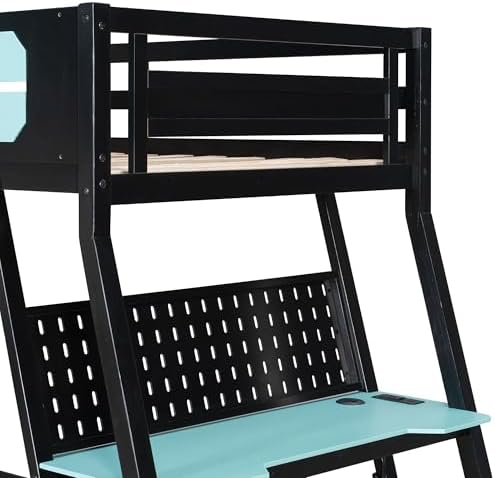 Polibi Twin Over Twin Bunk Bed with 2 Built-in Gaming Desks, USB Charging Ports & Pegboard Organizer, E-Sports Gaming Bed Frame for 2 Kids/Teens, Blue (Twin Size) - Image 5