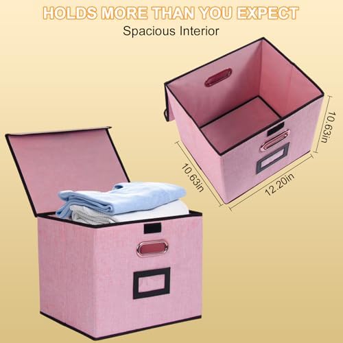 Large Square Storage Bin with Lid, Foldable Organizer Box with Handles & Label Design, for Office, Closet, Home, Documents, Pink, 12.20 x 10.63 x 10.63 Inches, 2 Pack - Image 3