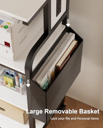 Tall Printer Stand with Charging Station, 4-Tier Mobile Cart, White - Image 4
