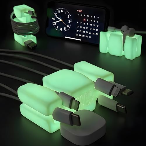 CordBrick 4PK Glowing Silicone + Steel Weighted Cable Holders for Nighstands, Cord Wraps for Travel, Unique iPhone Accessories. Small Graduation Gift for High Schoolers. Gadget for Teens. Yellow Glow by CordBrick