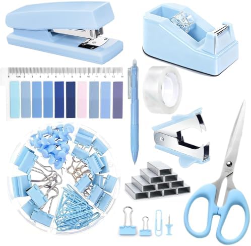 Office Supplies,Blue Desk Accessories,Stapler and Tape Dispenser Set with Stapler,Tape Dispenser,Staple Remover,Staples,Clips,Scissors and Tabs,Gift for Student,Teacher,Coworkers,Business,Gift 9pcs by musejoy