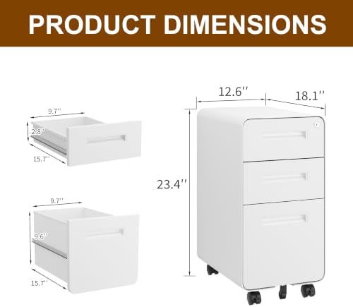 3 Drawer Slim Narrow Mobile File Cabinet with Lock and 4 Keys - Image 3