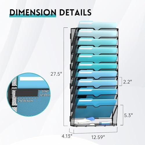 11-Tier Wall File Organizer and Mail Organizer with 5 Hooks, Black - Image 3