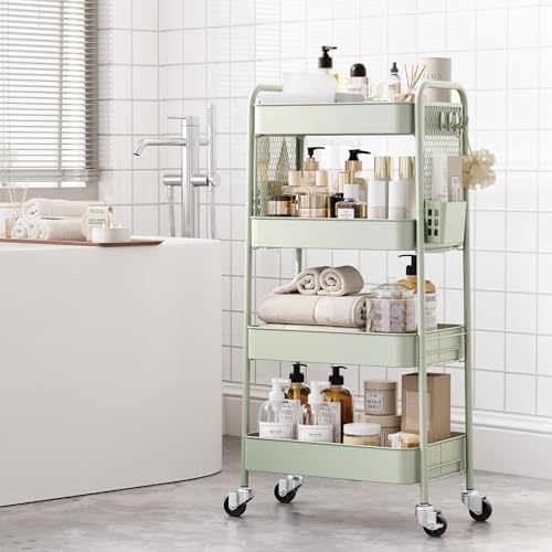 TOOLF 4 Tier Rolling Cart, Metal Utility Storage Cart with Pegboard, Green - Image 4