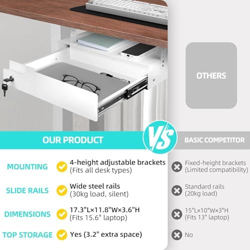 Under Desk Drawer Storage with Lock, Metal Undermount Table Drawer, Ball Bearing Slides Out Tray Organizer for Paper, Pencil, and Laptop 17.3"x11.8"x5.4", White with Adjustable Brackets - Image 4
