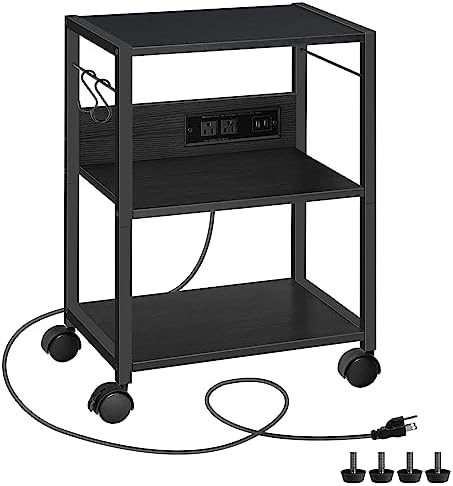 MAHANCRIS Industrial Printer Cart, 3-Tier Mobile Printer Stand, Rolling Cart with Power Outlets and USB Ports, Home Printer Stand with 2 Hooks, for Office, Living Room, Black PTHB40E01 by MAHANCRIS