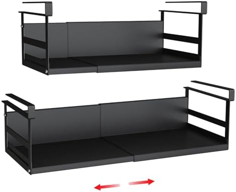Expandable Under Cabinet Shelf Organizer with 0.94-Inch Thick Clips, Heavy Duty Extendable Under Shelf Storage Basket for Pantry or Laundry Room, Black, 2 Pack, Interior: 4.13" H x 7.2" D by SHINEWON