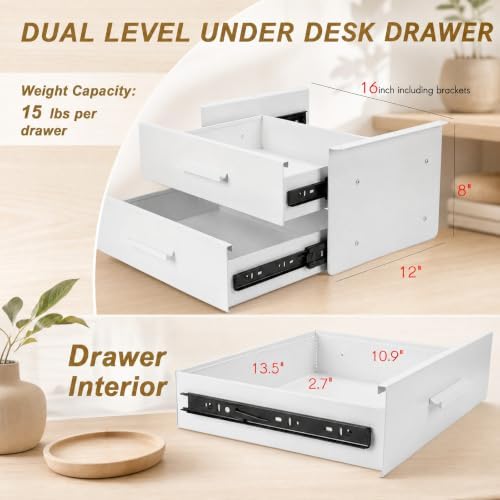 Menkxi 16'' Under Desk Drawer Slide-out Steel Under Counter Drawers Storage Organizer Large Hidden Pull-out Tray for Table Desks Home Office Workstation(White,2 Layer) - Image 2