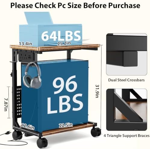 Adjustable Computer Tower Stand with Charging Station & Pegboard,Brown - Image 3