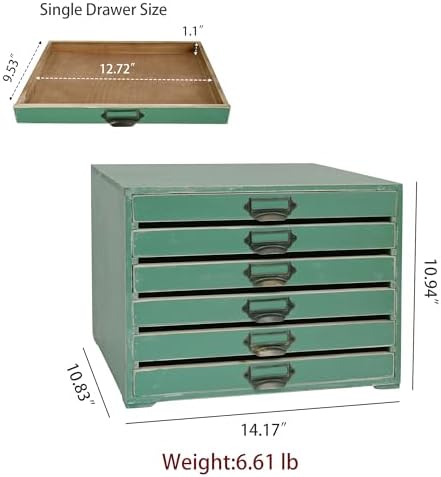 Vintage 6-Drawer Wooden Desktop Organizer Cabinet, Rustic Distressed Wood Card Catalog Cabinet, Antique Storage Box for Jewelry Cosmetics Craft Paper Home Office Decor (Green) - Image 2