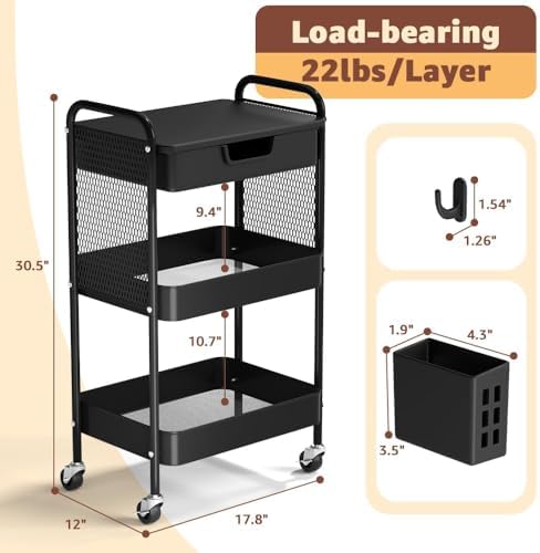 3 Tier Rolling Cart with Drawer, Metal Rolling Utility Cart on Wheels with Pegboard, Art Cart Storage Organizer with Tabletop for Living Room, Office, Bedroom (Black) - Image 6