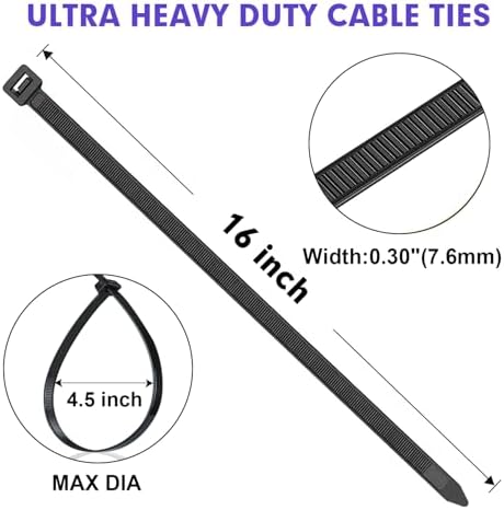 RAZCC 1200pcs Black Cable Zip Ties 16 Inch, Heavy Duty Plastic Wire Ties with 100lb Tensile Strength, Self-Locking Black Nylon Tie Wraps for Indoor and Outdoor - Image 2
