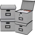 File Storage Box with Lid, 15.55x12.87x10.43 Inches, Foldable Organizer with Handles & Label Slot, for File Storage, Home, Office, and Closet Organization(4 Packs, Grey) by TCbelosion