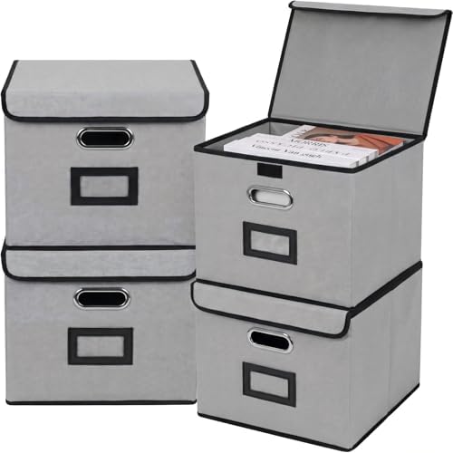 File Storage Box with Lid, 15.55x12.87x10.43 Inches, Foldable Organizer with Handles & Label Slot, for File Storage, Home, Office, and Closet Organization(4 Packs, Grey) by TCbelosion