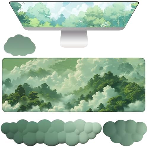 Green Cloud Mouse Pad and Keyboard Wrist Rest 4PCS Extended Forest Mountain Aesthetic Large Desk Mat Pad Set Memory Foam Non-Slip Cute Ergonomic Gaming Mouse Pad Wrist Support for Computer Home Office by WFCYGL