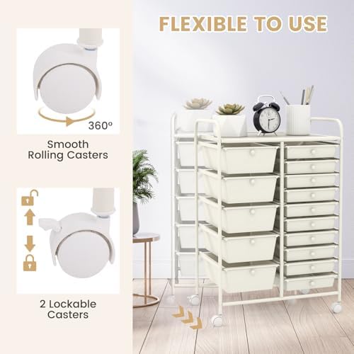 LDAILY 15 Drawer Rolling Storage Cart, Rolling Cart with Drawers for Classroom, Art Supply Craft Organizer on Wheel with Metal Frame & Handles for Home Office School - Image 4