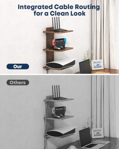Floating TV Projector Shelf Wall Mount - 3 Tier Wooden Shelf, Walnut Brown - Image 6