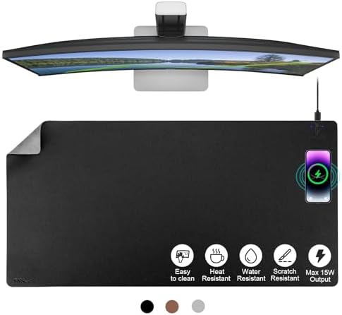 EYStech™ Desk Pad with Wireless Charger, Leather, Waterproof, Anti-Slip Wool Felt Base Material, Office Table Mat, Fast Charging Gaming Mouse Pad, 32”(L) x 16”(W), Black (Right Side Charging Port) by EYStech