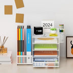 Lavatino Desk Organizer with File Holder, 5-Tier Paper Letter Tray Organizer with Sliding Drawer and 2 Pen Holder, Mesh Desktop File Organizer for Office Supplies, White - Image 3