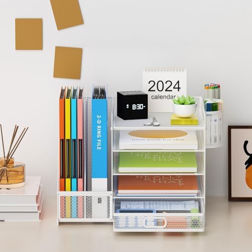 Lavatino Desk Organizer with File Holder, 5-Tier Paper Letter Tray Organizer with Sliding Drawer and 2 Pen Holder, Mesh Desktop File Organizer for Office Supplies, White - Image 3