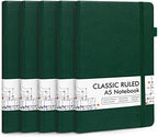 feela 5 Pack Journal Notebook Bulk for School, Hardcover Business Notebooks Classic Ruled Lined Journals with Pen Holder for Work Note Taking, with 5 Black Pens, 120 GSM, 5.1”x8.3”, A5, Dark Green by feela