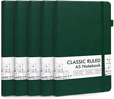 feela 5 Pack Journal Notebook Bulk for School, Hardcover Business Notebooks Classic Ruled Lined Journals with Pen Holder for Work Note Taking, with 5 Black Pens, 120 GSM, 5.1”x8.3”, A5, Dark Green by feela
